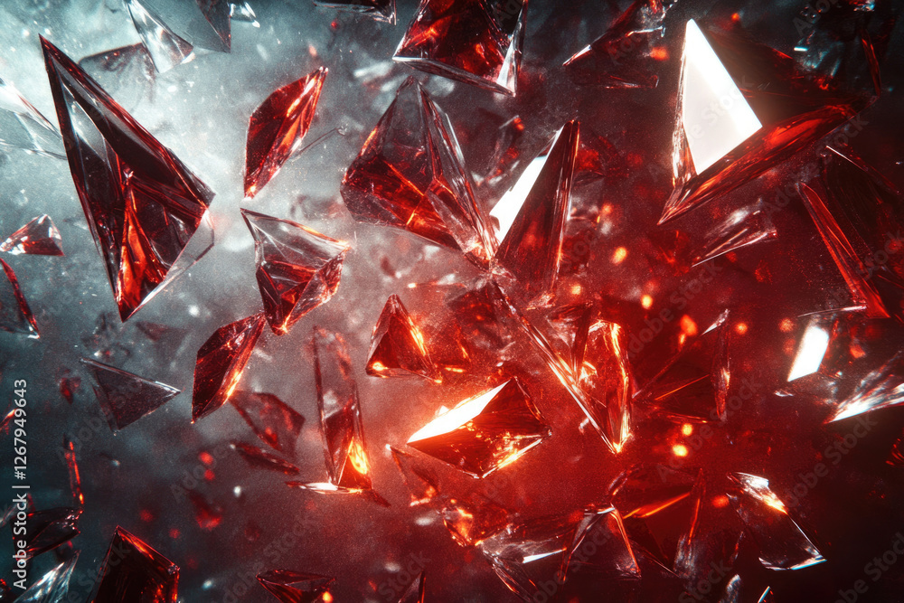 Poster shattered red crystals explode in a fiery, dark abstract display.