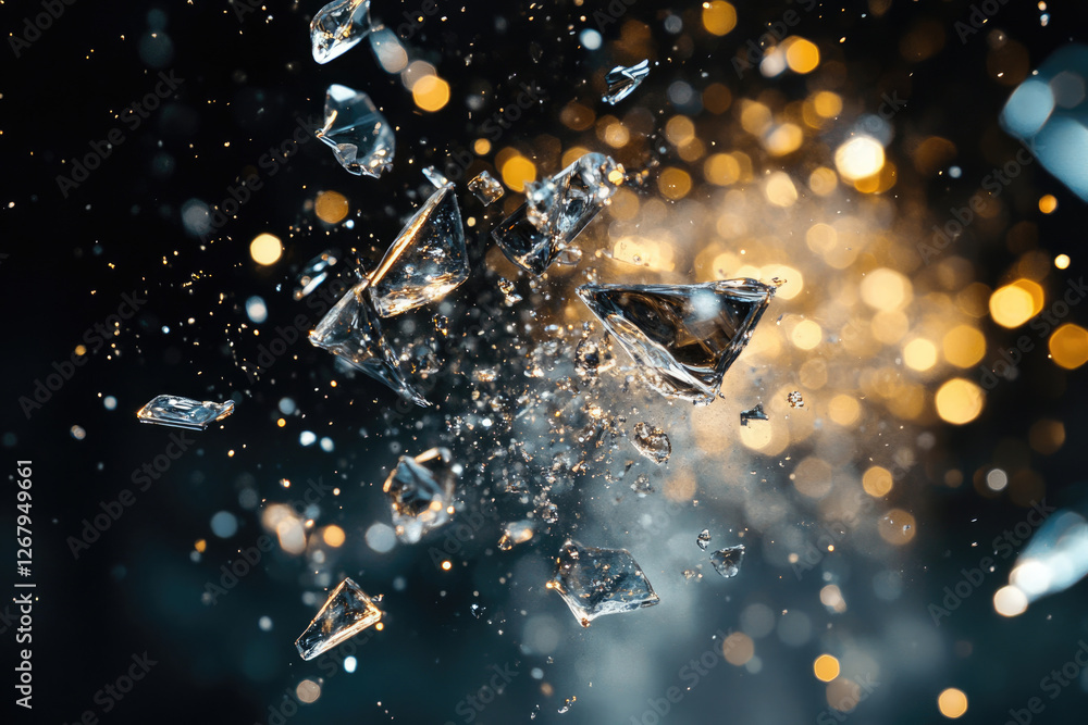 Poster shattered glass explodes in a dramatic burst against a bokeh background of warm gold lights.