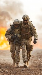Fototapeta premium Two Soldiers Carrying Rifles in Battle While Smoke Plumes Rise Around Them
