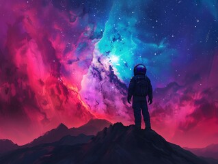 Astronaut Silhouette Gazing at Cosmic Nebula and Galaxy in Dramatic Landscape