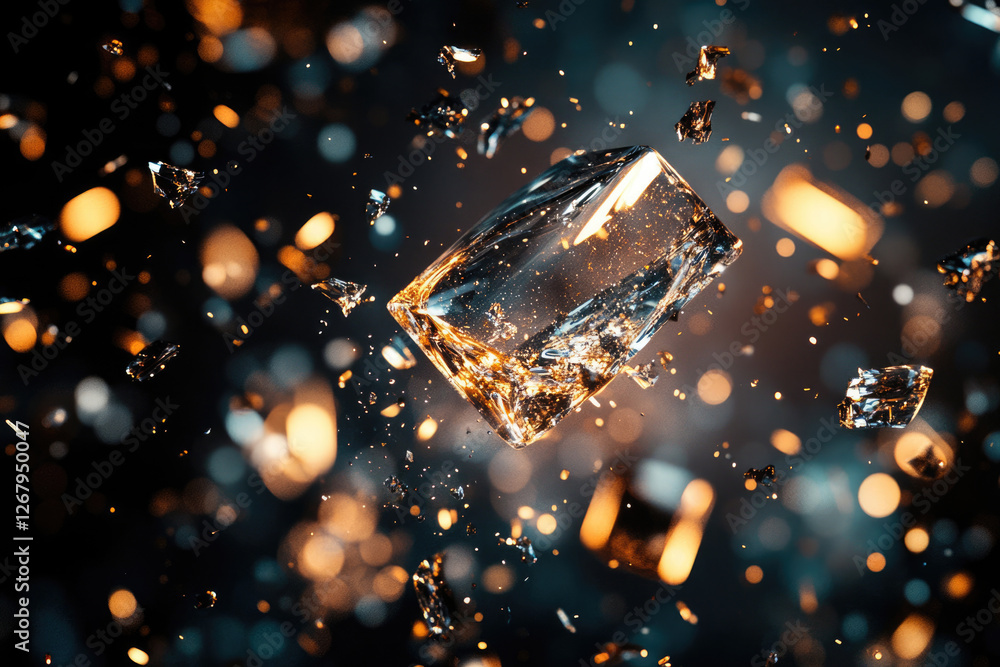 Aufkleber Shattered glass cube explodes in mid-air, fragments dispersing with golden light.