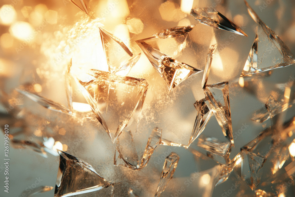 Poster shattered glass fragments, illuminated by warm light, create a captivating abstract image.