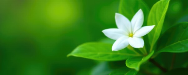 Green foliage surrounding a single white jasmine in full bloom, stem, green