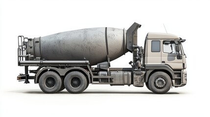 Concrete mixer truck with a rotating drum, isolated on a white background.