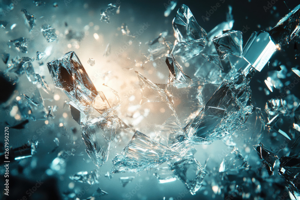Poster shattered glass fragments explode in a dramatic, teal-toned explosion, creating a visually stunning 