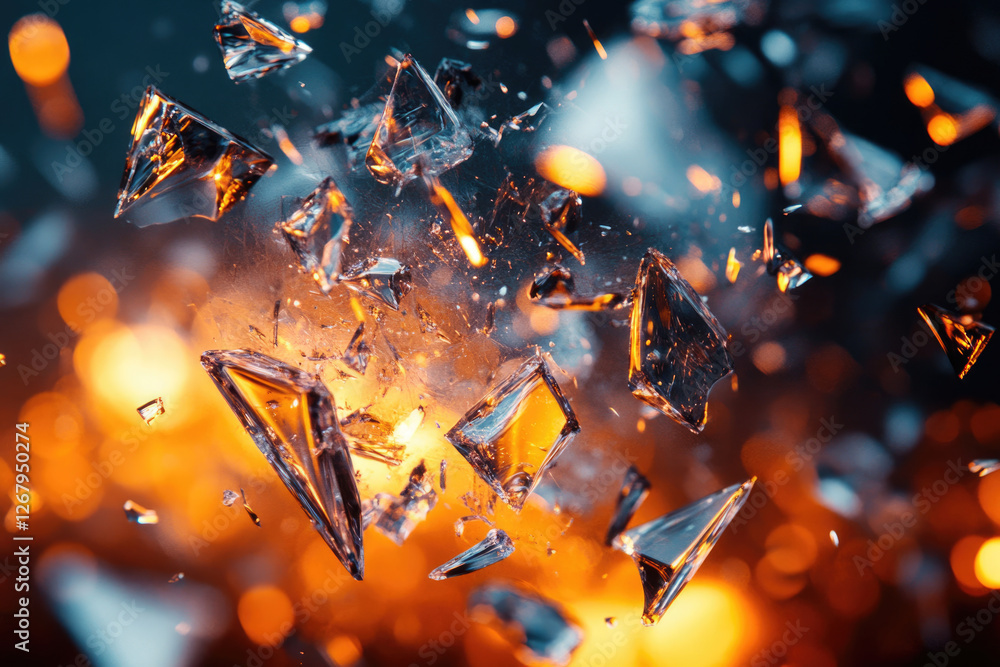 Aufkleber shattered glass fragments explode against a fiery orange and teal backdrop, creating a dynamic, abst