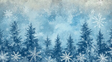 Snowy forest winter landscape, falling snowflakes. Holiday card background