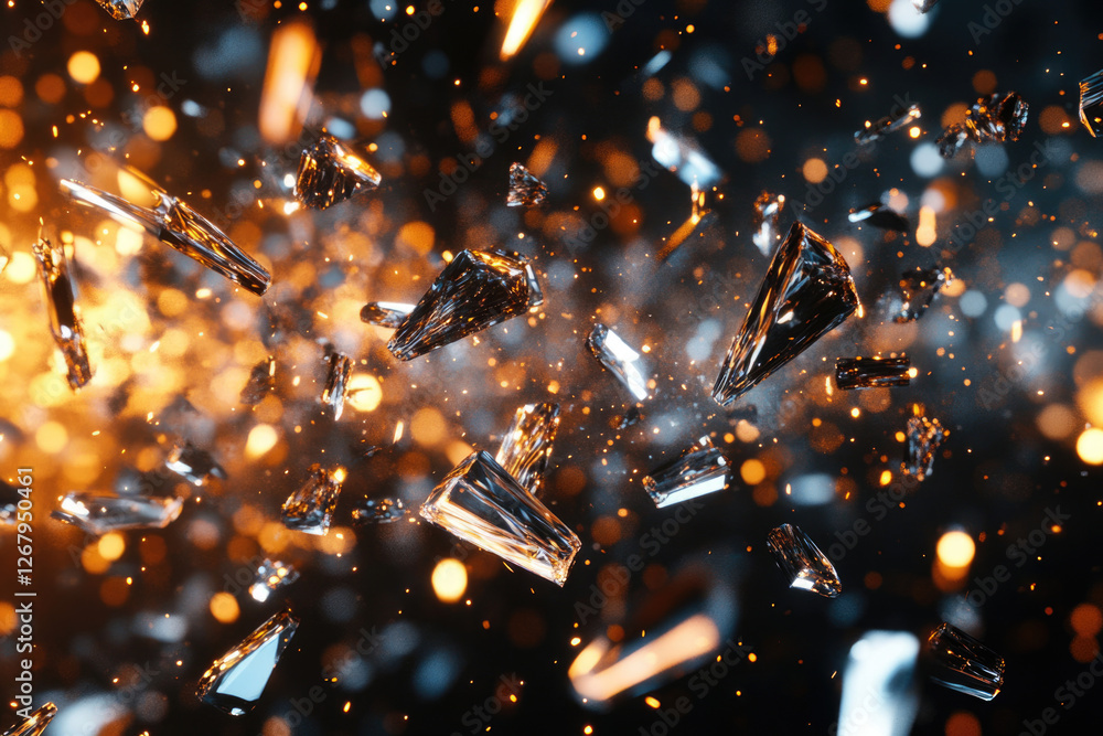 Poster shattered glass fragments explode in a fiery, dark background, creating a dramatic visual effect.