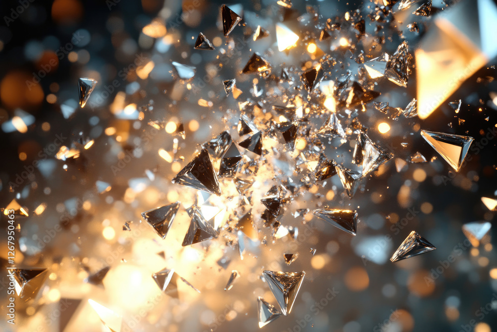 Poster A burst of shimmering, metallic triangular fragments explodes in a golden light, creating a dynamic and energetic visual.
