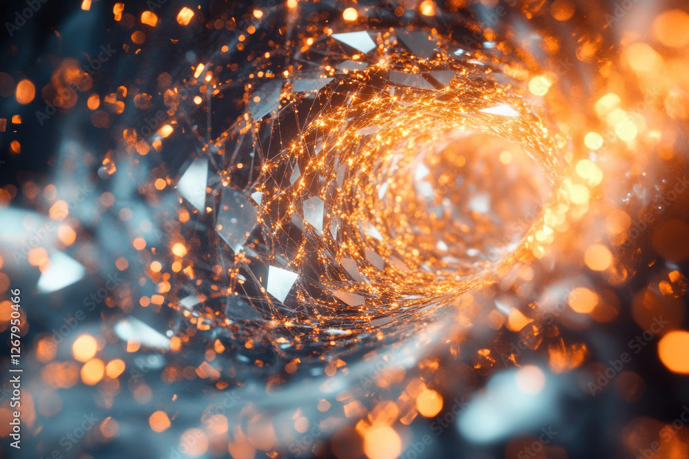 Poster abstract swirling vortex of light and energy, representing digital flow or cosmic tunnel.