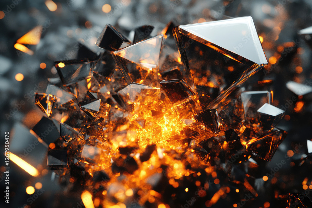 Poster fiery crystal cluster, glowing intensely with dark, sharp edges.