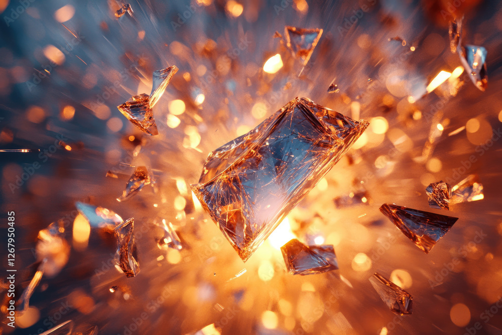 Poster a fiery explosion shatters a crystalline object into a myriad of glowing fragments.