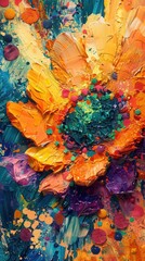 A vivid and energetic abstract painting of a flower using fluid acrylic techniques, featuring bright yellows, pinks, blues, and swirling textures.