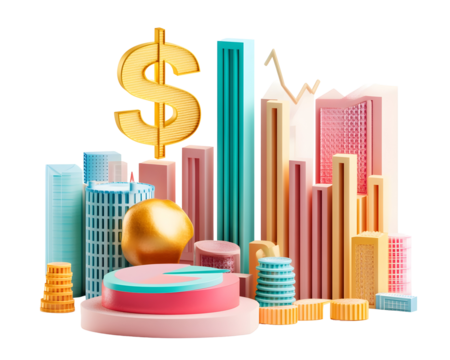 3D illustration of a financial growth chart with bars, a pie chart, and a dollar sign, ideal for business analytics and economic presentations.