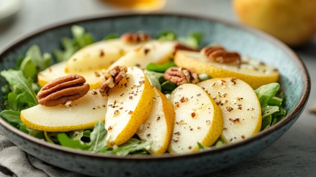 Delicious pear salad with blue cheese and pecans garnished with fresh herbs