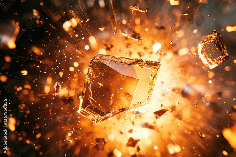 Poster a large amber crystal explodes into a fiery spectacle of fragments, radiating intense light and ener