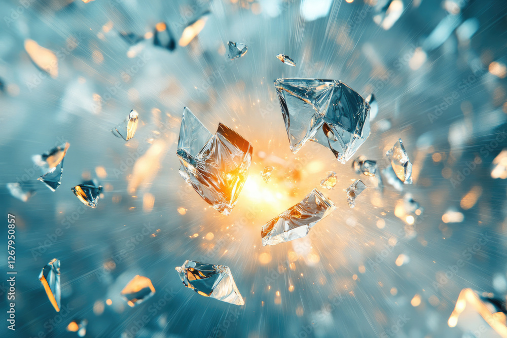 Poster shattered glass explodes in a radiant burst, showcasing sharp fragments and bright light.