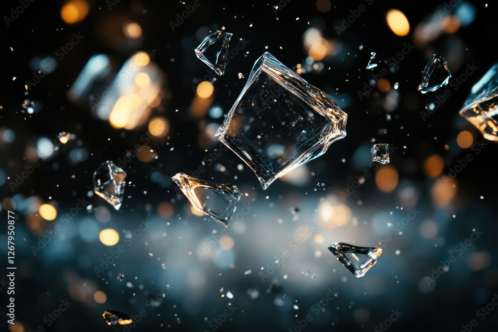 Poster shattered glass fragments suspended in mid-air, illuminated by warm bokeh lights.