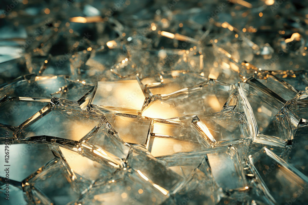 Poster Shattered glass fragments, illuminated with warm light, creating a mesmerizing texture of sharp edges and reflective surfaces.
