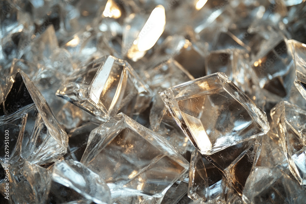 Poster a close-up shot of numerous clear, faceted glass pieces, creating a sparkling texture.