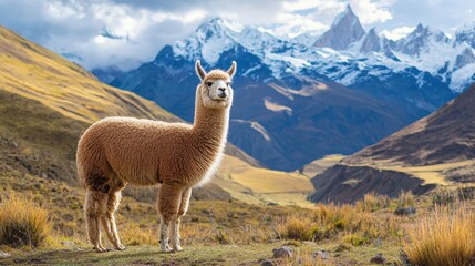 Friendly alpaca standing in a high-altitude meadow, surrounded by the Andes mountains.