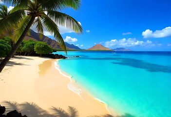 Palm tree on tropical beach with blue sky and white clouds 
