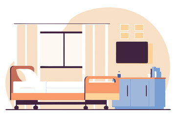 Modern hospital room with tv. Medical interior and equipment. Vector flat illustration
