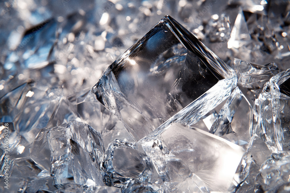 Poster close-up view of translucent ice crystals, showcasing their sharp edges and glistening facets.