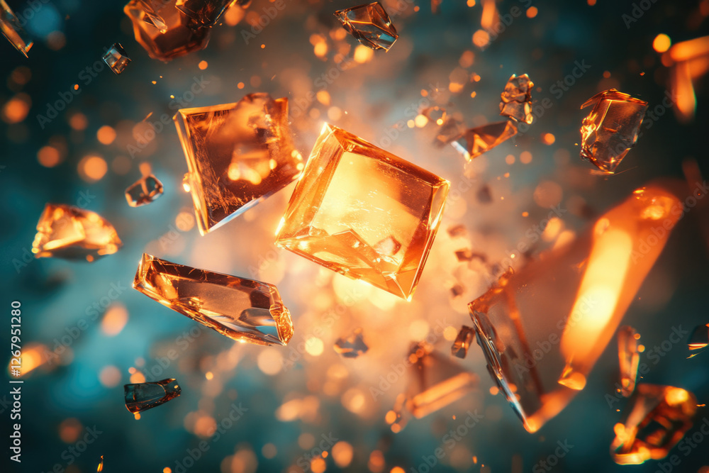 Poster shattering amber crystals explode in a vibrant, dynamic burst of light and color.