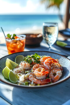 cebiche, ceviche, sebiche, seviche, coctel de gambas, ensalada de gambas y marisco fresco a la orilla del mar, men&uacute; t&iacute;pico de verano en un restaurante en la playa con vistas al mar, ensalada de verano
