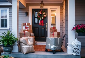 Christmas gift box delivered to house front door