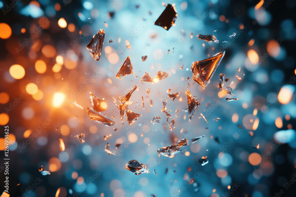 Poster Shattered glass fragments explode in a mesmerizing display of light and color against a bokeh background.