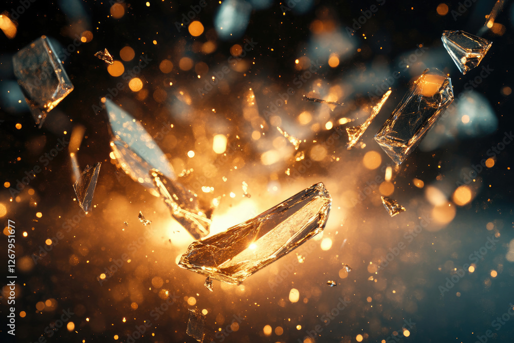 Poster shattered glass explodes in a fiery burst, illuminated by golden sparks and dramatic lighting.