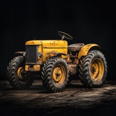 Obraz premium Vintage Yellow Tractor on Dark Background in Abandoned Setting