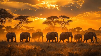 Obraz premium Herd of African elephants crossing a golden savanna at sunset, dust rising from their massive footsteps.