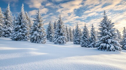 Naklejka premium Winter Wonderland with Snow-Covered Trees and Blue Sky Reflection