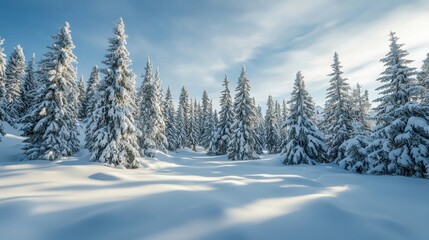 Naklejka premium Winter Landscape with Snow-Covered Pine Trees Under Bright Sky