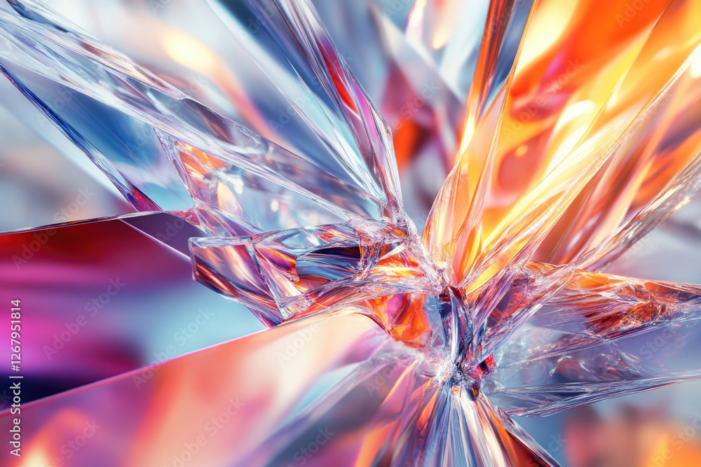 Poster Abstract image of shattered glass with vibrant, iridescent colors creating a striking visual effect.