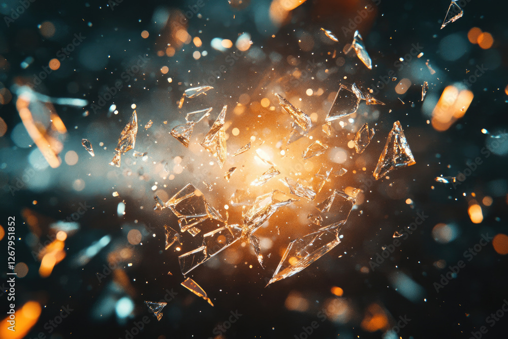 Poster Shattered glass explodes in a dramatic burst of light and color, a mesmerizing spectacle of destruction.