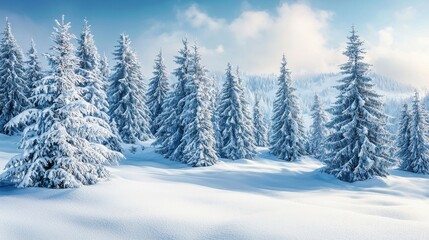 Naklejka premium Snowy Winter Landscape with Evergreen Trees in Bright Blue Sky
