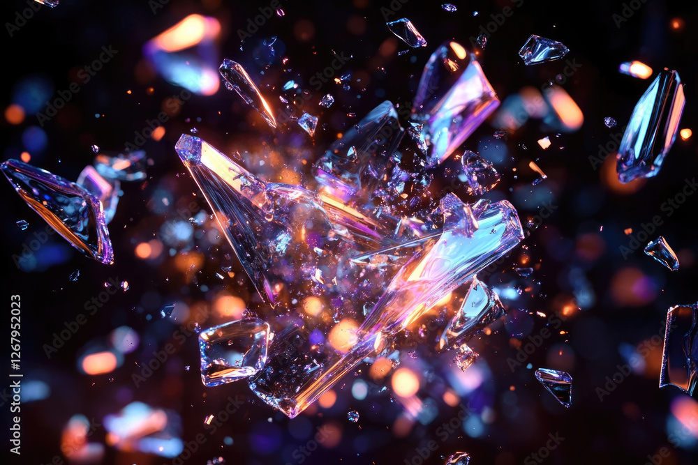 Poster Shattered glass fragments explode in vibrant neon colors, creating a dynamic and visually stunning abstract artwork.