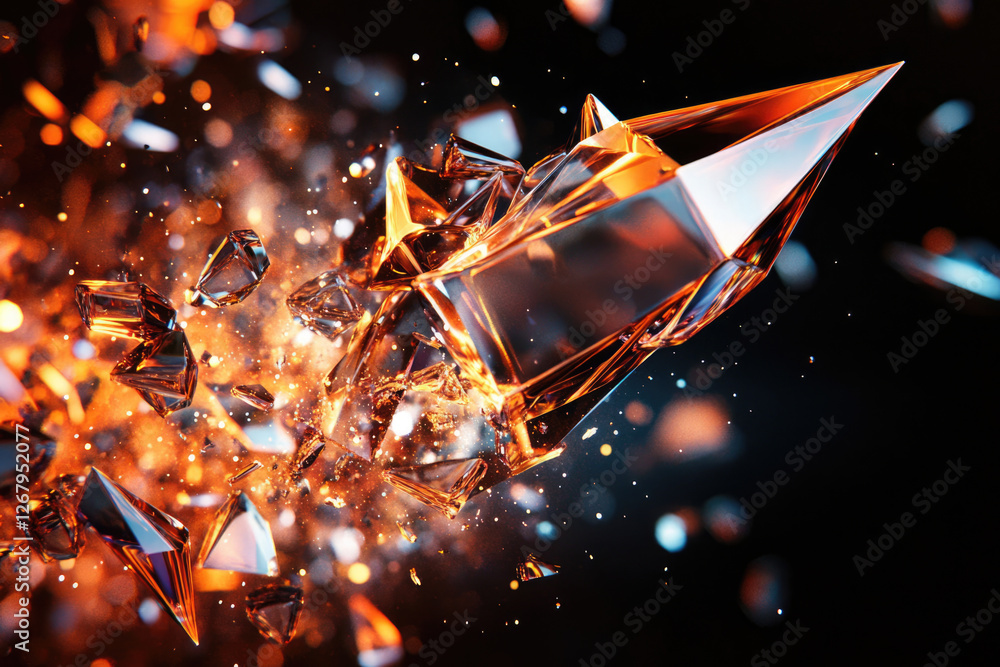 Poster Fiery orange crystal explodes into shards, a dynamic display of fragmented light and energy.