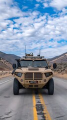 Heavily Armored Military Vehicle Traversing Desert Highway Amid Rugged Terrain and Cloudy Sky