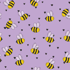 Seamless pattern with bees on color background. Small wasp. Vector illustration. Adorable cartoon character. Template design for invitation, cards, textile, fabric. Doodle style.