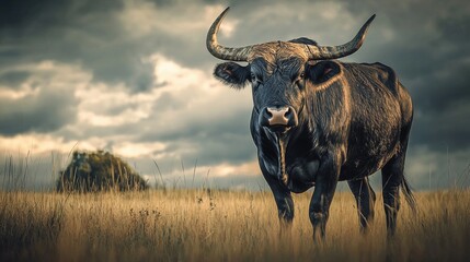 Majestic Black Bull Standing in Golden Field Under Dramatic Sky