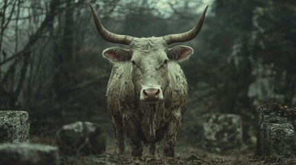 Majestic Highland Cow in Foggy Forest Setting with Dramatic Lighting