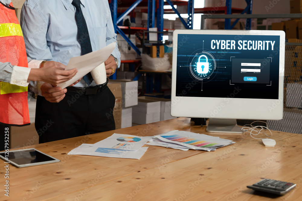 Poster cyber security system on computer screen protect private information snugly from hacker and cyber at