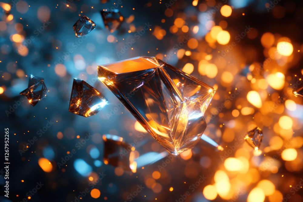 Poster Glowing crystals float in a dark space, illuminated by warm and cool lights, creating a mesmerizing abstract scene.