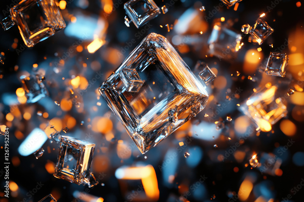Aufkleber crystal cubes explode in a vibrant, dark background, showcasing dynamic motion and dazzling light ef