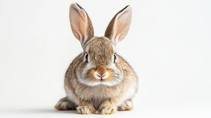Cute fluffy rabbit with perked-up ears on a pristine white background.
